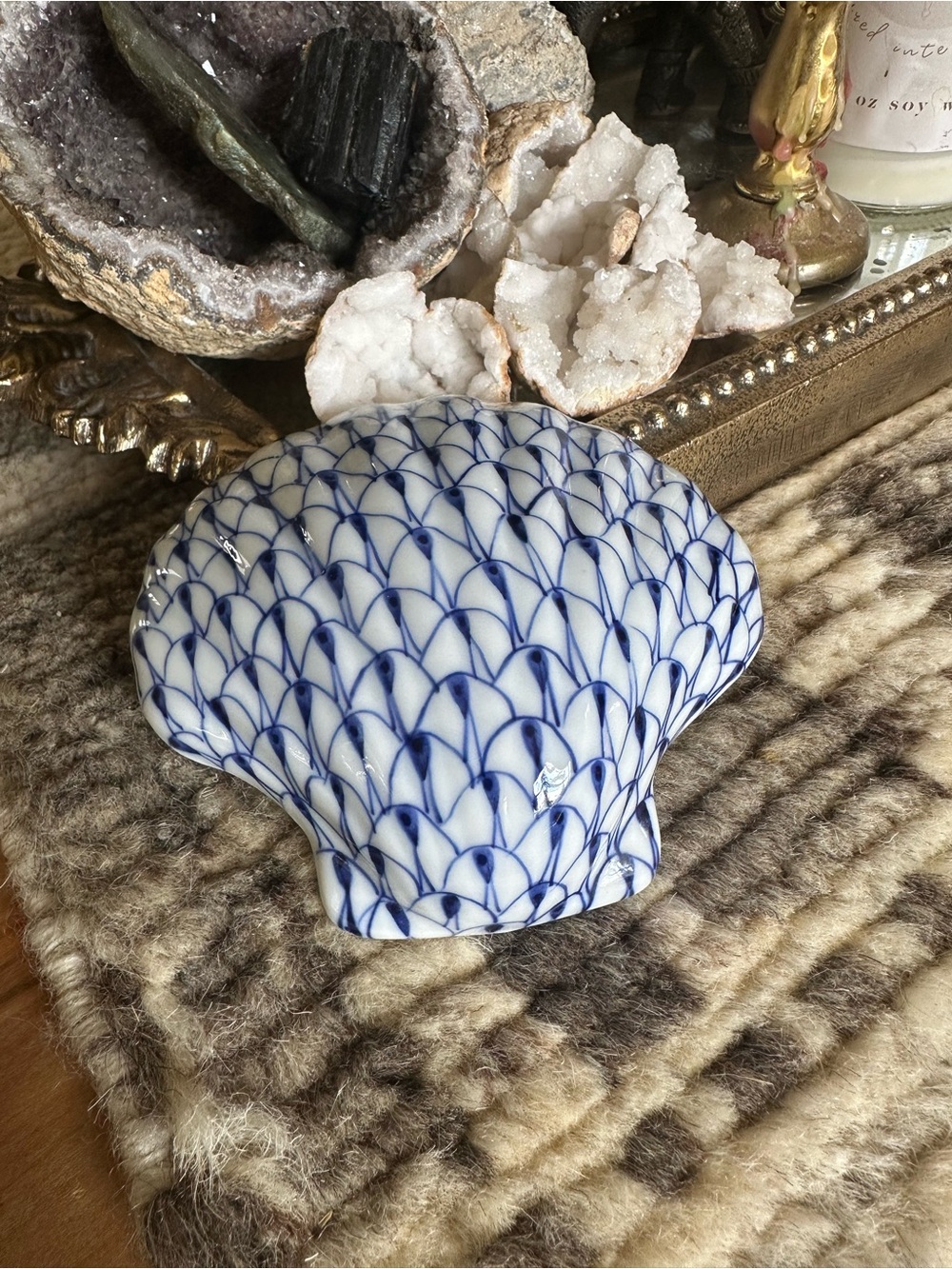 Andrea By Sadek Blue White Porcelain Shell Accent small chip to bottom as shown